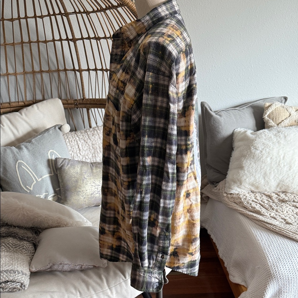 Plaid Flannel Shirt ( Bleach Accents) with Johnny Cash stitched Appliqué - Picture 3 of 8